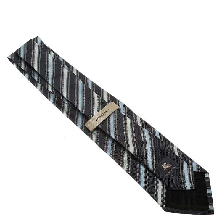 Pre Owned Burberry Grey Striped Silk Tie