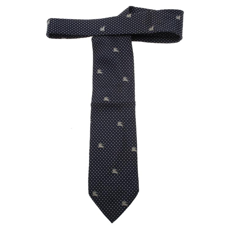 Pre Owned Burberry Dark Blue Polka Dot Logo Silk Tie
