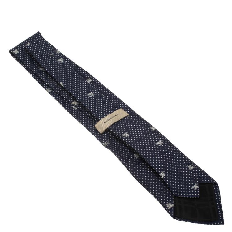 Pre Owned Burberry Dark Blue Polka Dot Logo Silk Tie