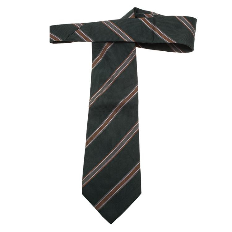Pre Owned Burberry Green and Brown Striped Silk Tie