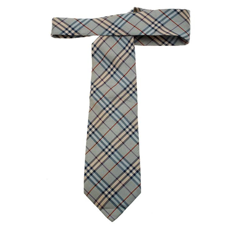 Pre Owned Burberry Light Blue Novacheck Print Silk Tie 
