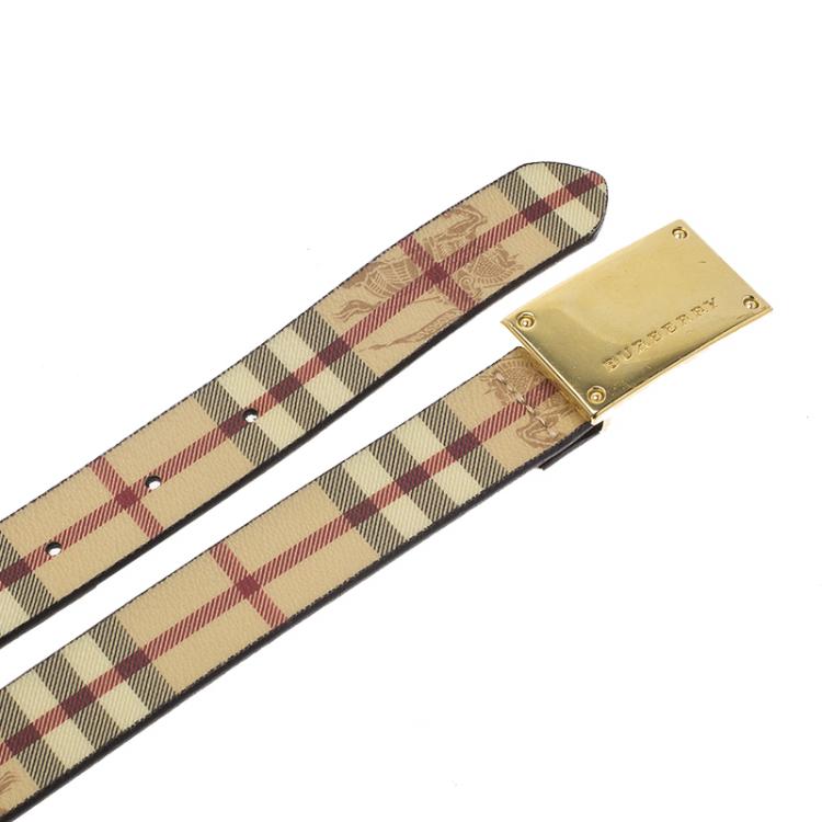 Pre Owned Burberry Beige Classic Check Coated Canvas Barnsfield Plaque Belt 75CM