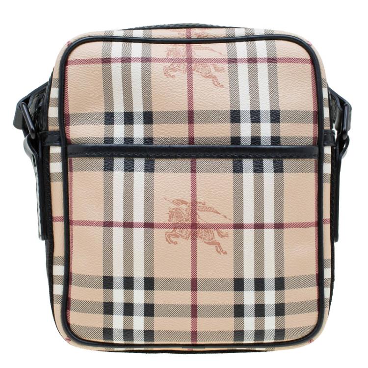 Pre Owned Burberry Beige/Black Classic Check Coated Canvas Equestrian Crossbody Bag