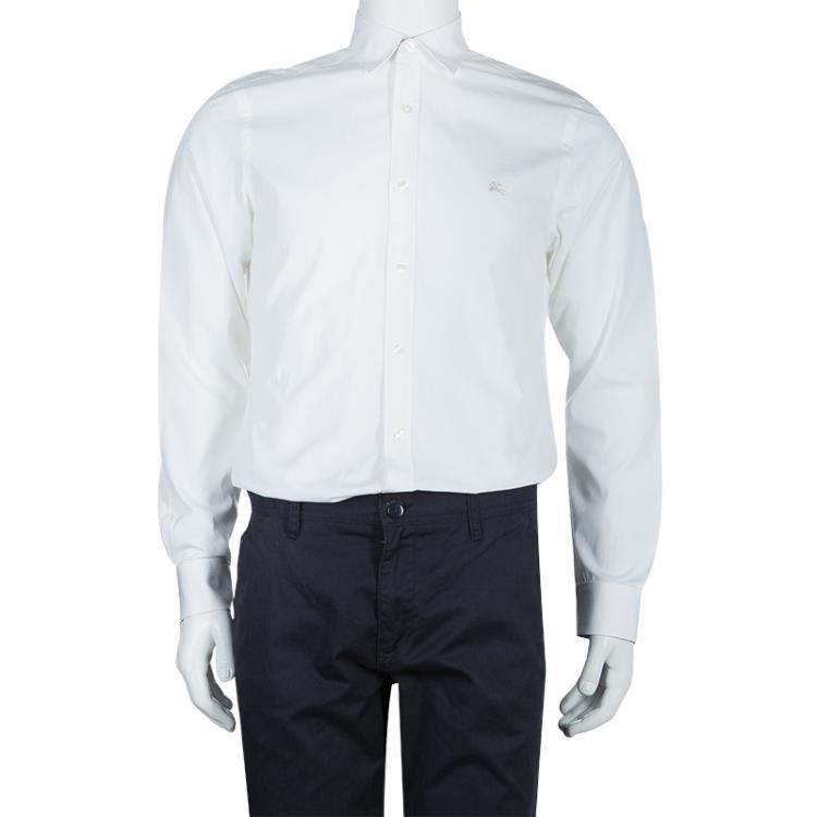 Pre Owned Burberry White Logo Embroidered Button Down Long Sleeve Cotton Shirt M