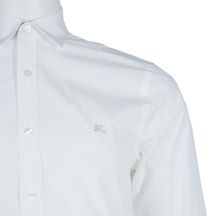 Pre Owned Burberry White Logo Embroidered Button Down Long Sleeve Cotton Shirt M