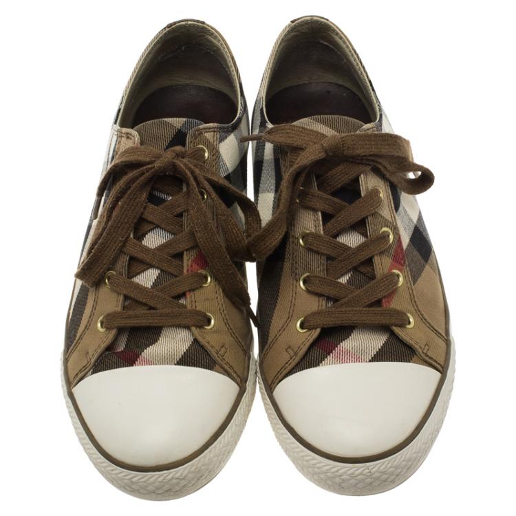Pre Owned Burberry Brown Novacheck Canvas and Leather Sneakers Size 41