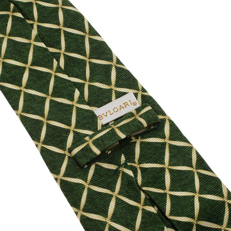 Pre Owned Bvlgari Green and Beige Printed Silk Tie