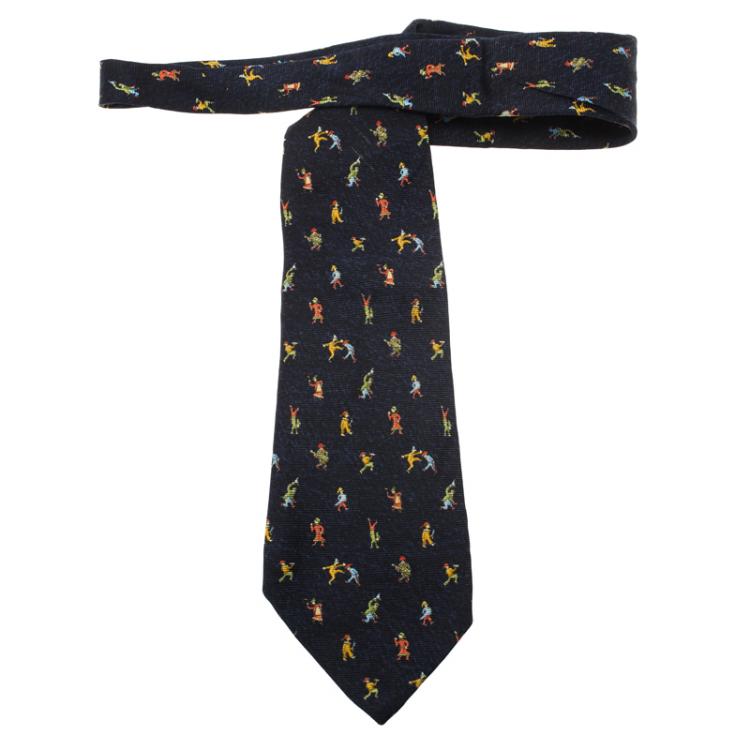 Pre Owned Bvlgari Navy Blue Men Printed Silk Tie