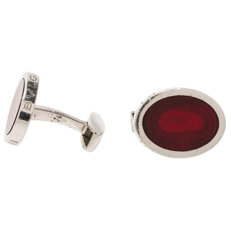 Pre Owned Bvlgari Red Enamel Guilloché Engraved Silver Cufflinks