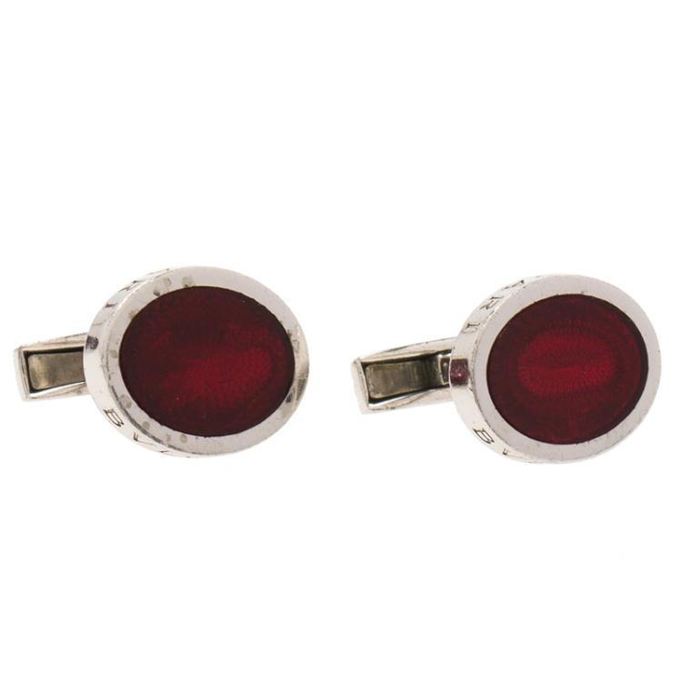 Pre Owned Bvlgari Red Enamel Guilloché Engraved Silver Cufflinks