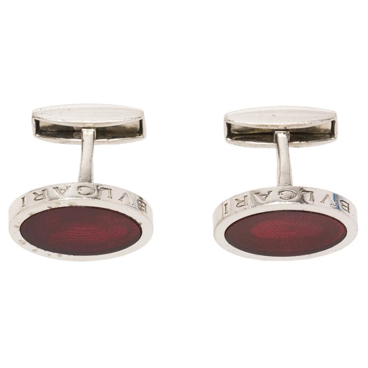 Pre Owned Bvlgari Red Enamel Guilloché Engraved Silver Cufflinks