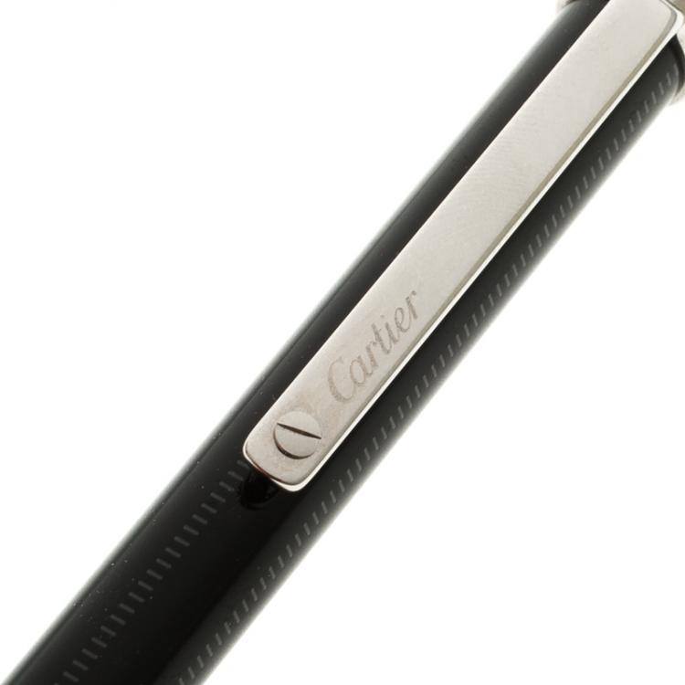 Pre Owned Cartier Black Lacquer Palladium Plated Santos De Cartier Ballpoint Pen