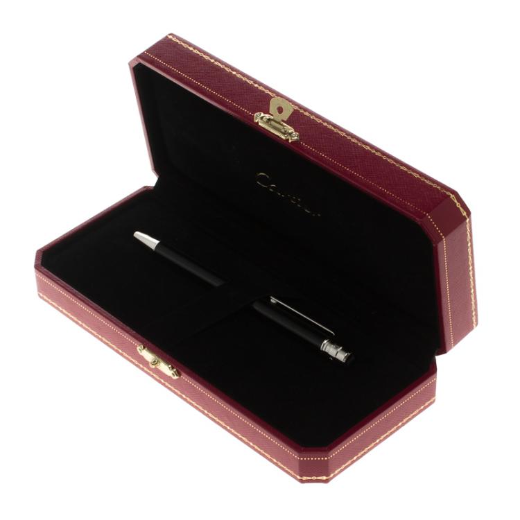 Pre Owned Cartier Black Lacquer Palladium Plated Santos De Cartier Ballpoint Pen