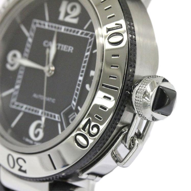 Pre Owned Cartier Black Stainless Steel Pasha Seatimer Men's Wristwatch 40MM