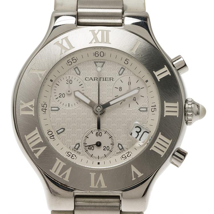 Pre Owned Cartier White Stainless Steel Chronoscaph 21 Men's Wristwatch 38MM