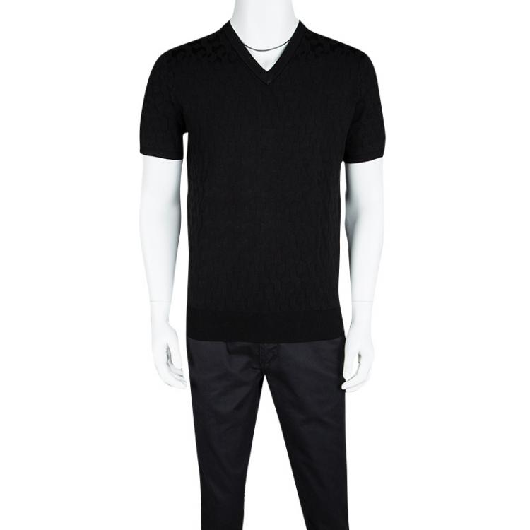مملوكة مسبقًا Carven Black Patterned Jacquard Knit Short Sleeve V-Neck Top L