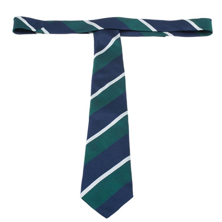Pre Owned CH Carolina Herrera Green and Blue Striped Silk Tie