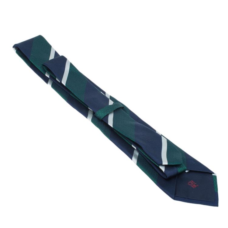 Pre Owned CH Carolina Herrera Green and Blue Striped Silk Tie