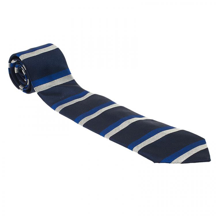 Pre Owned CH Carolina Herrera Navy Blue Striped Silk Tie