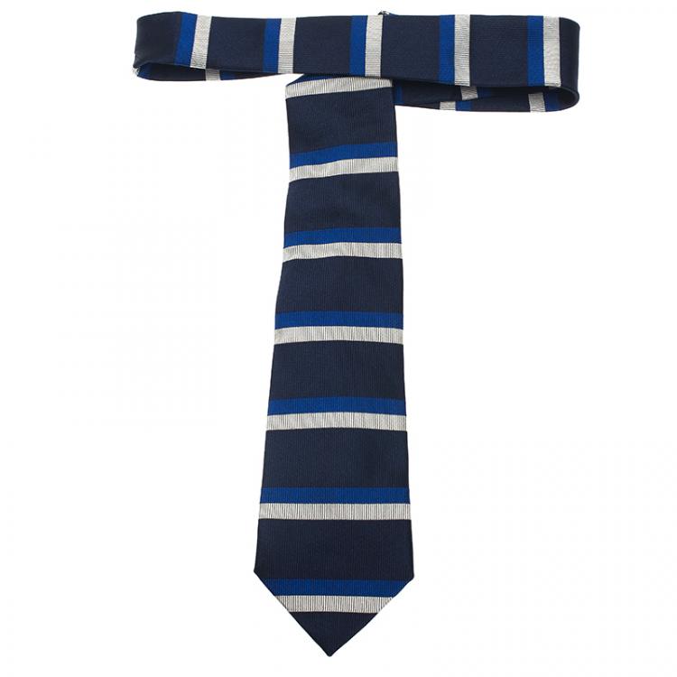 Pre Owned CH Carolina Herrera Navy Blue Striped Silk Tie