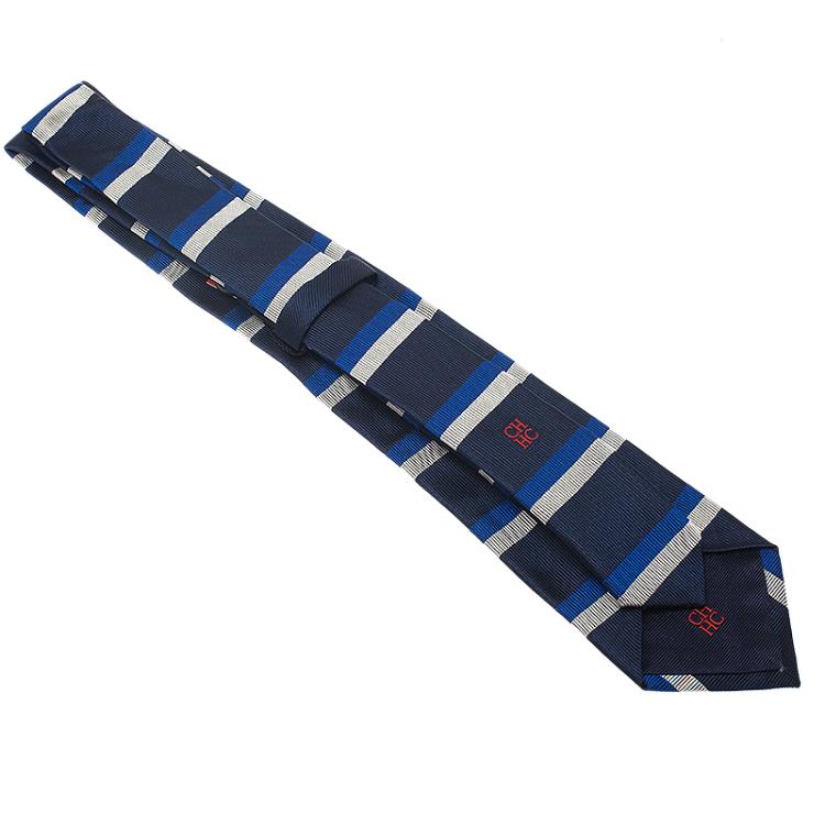 Pre Owned CH Carolina Herrera Navy Blue Striped Silk Tie