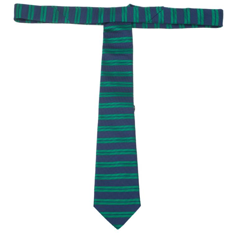 Pre Owned CH Carolina Herrera Green and Navy Blue Striped Silk Tie