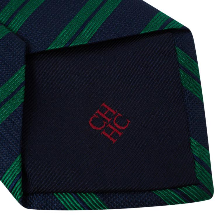 Pre Owned CH Carolina Herrera Green and Navy Blue Striped Silk Tie