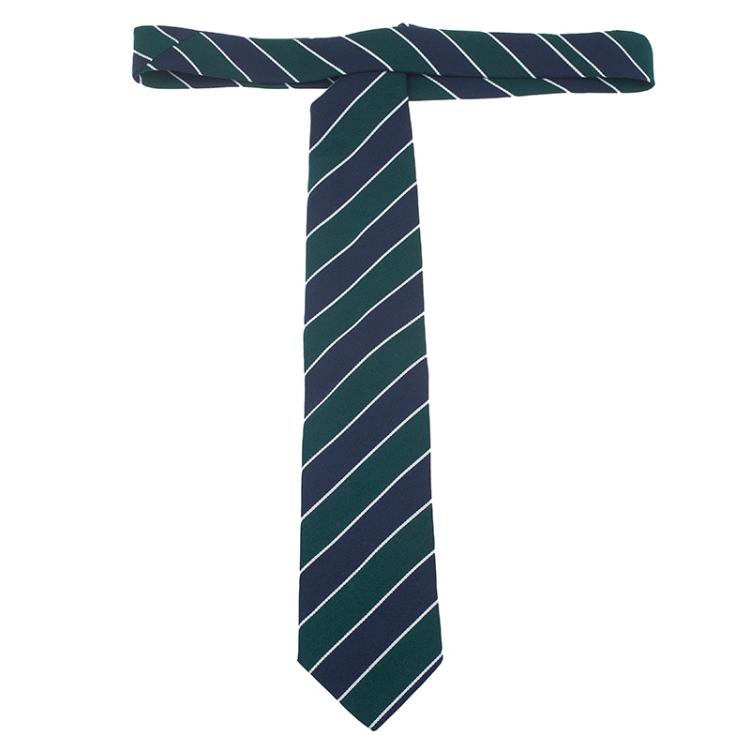 Pre Owned CH Carolina Herrera Green and Navy Blue Striped Silk and Wool Tie