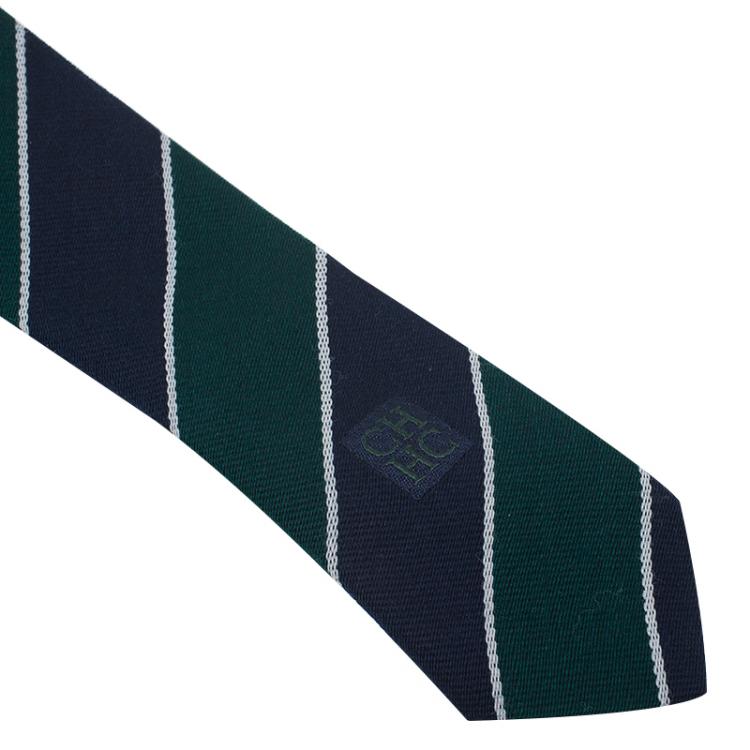 Pre Owned CH Carolina Herrera Green and Navy Blue Striped Silk and Wool Tie