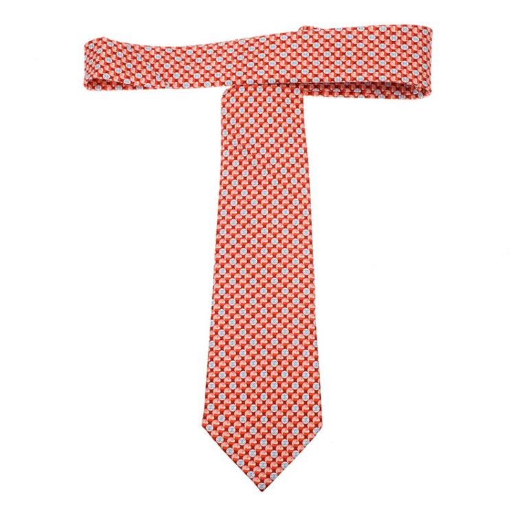 Pre Owned Chanel CC Reddish Orange Printed Silk Tie