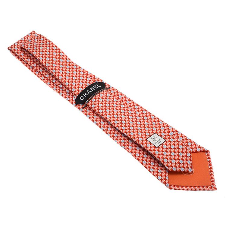 Pre Owned Chanel CC Reddish Orange Printed Silk Tie