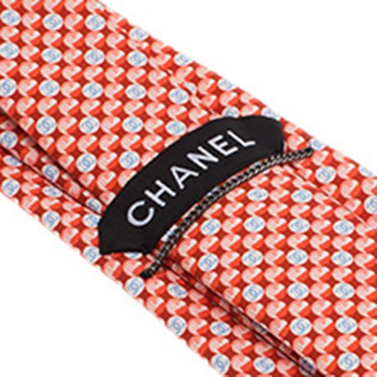 Pre Owned Chanel CC Reddish Orange Printed Silk Tie
