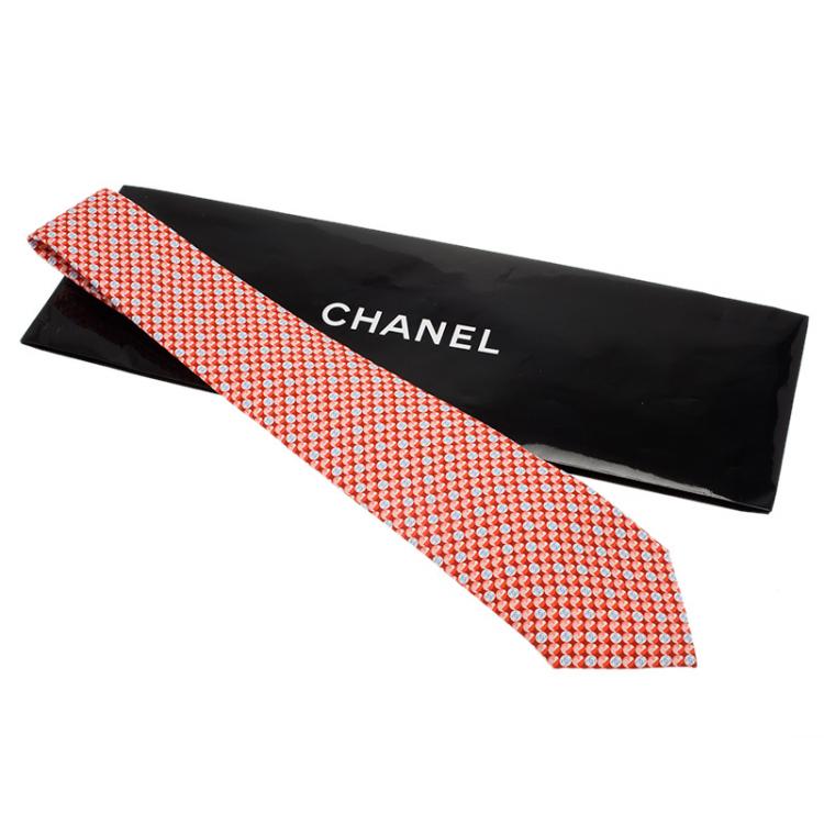 Pre Owned Chanel CC Reddish Orange Printed Silk Tie
