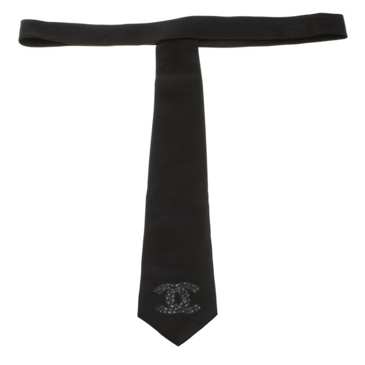 Pre Owned Chanel Black Logo Embroidered Silk Traditional Tie