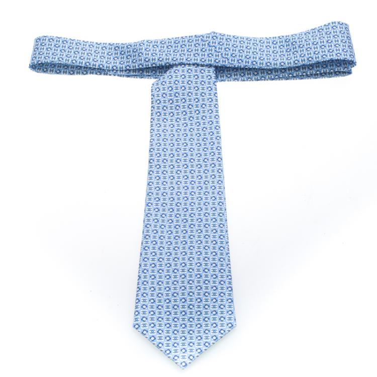 Pre Owned Chanel Light Blue CC And Clover Printed Silk Tie
