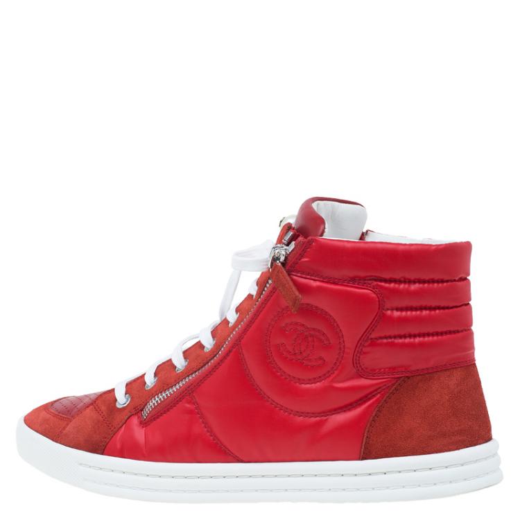 Pre Owned Chanel Red Leather and Suede Perforated CC Logo High Top Sneakers Size 42
