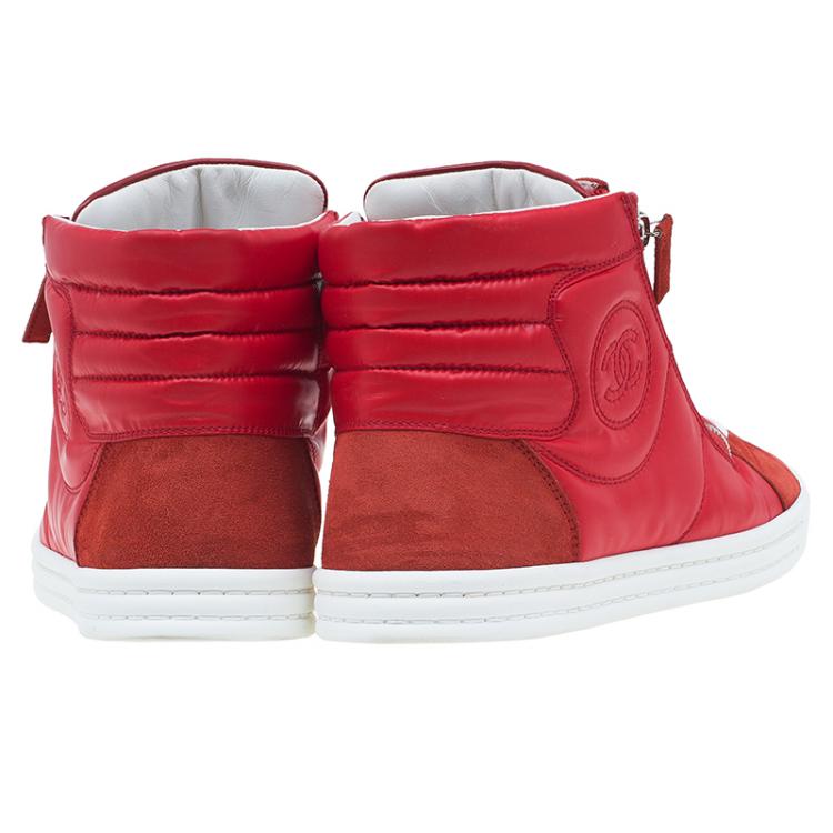 Pre Owned Chanel Red Leather and Suede Perforated CC Logo High Top Sneakers Size 42