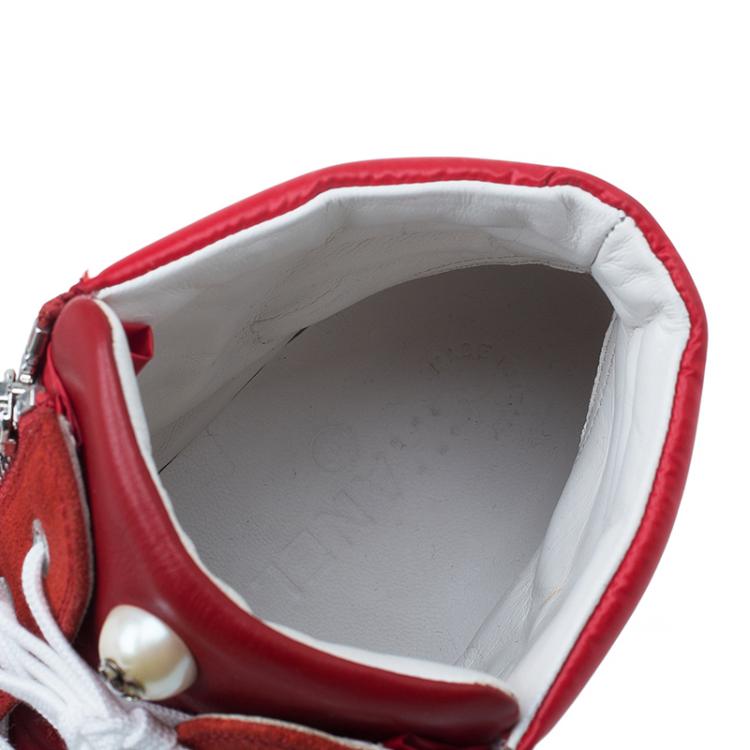 Pre Owned Chanel Red Leather and Suede Perforated CC Logo High Top Sneakers Size 42