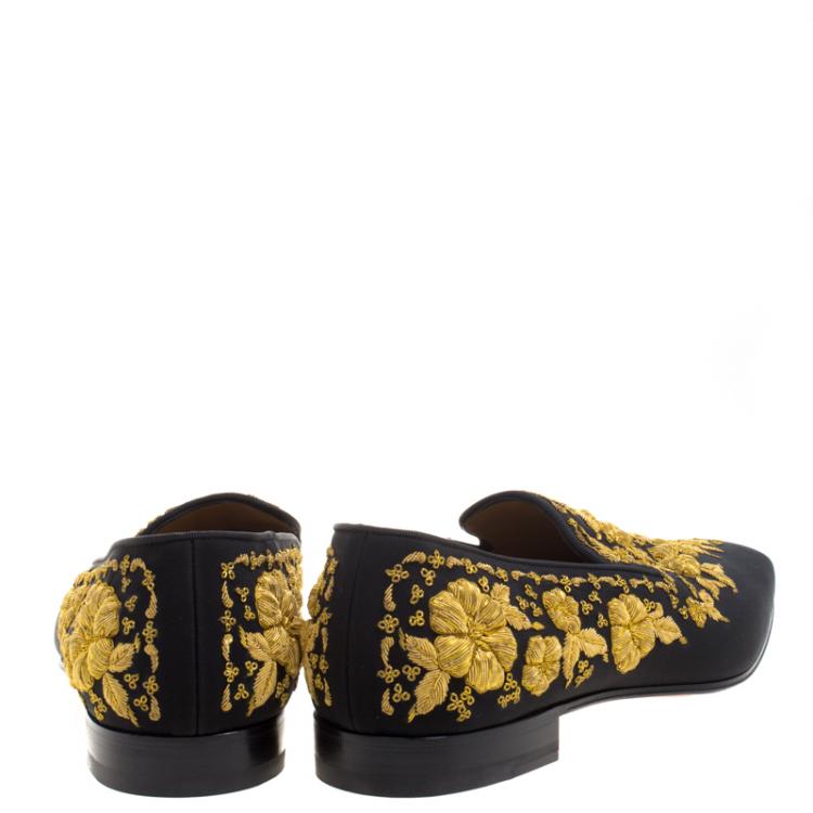 Pre Owned Christian Louboutin Black Embroidered Academicus Crepe de Chine Smoking Slippers Size 44