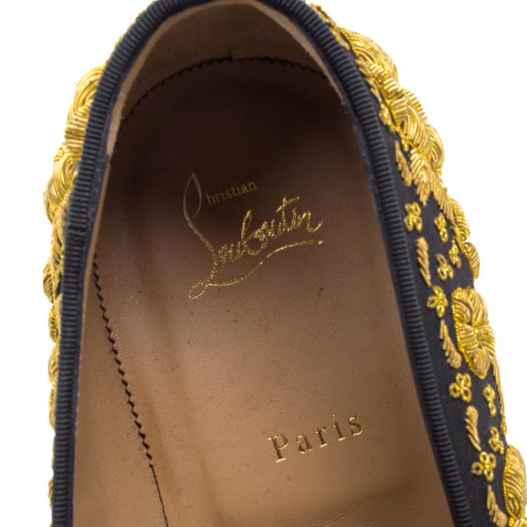 Pre Owned Christian Louboutin Black Embroidered Academicus Crepe de Chine Smoking Slippers Size 44