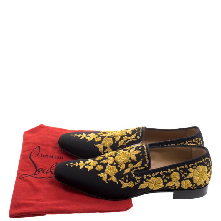 Pre Owned Christian Louboutin Black Embroidered Academicus Crepe de Chine Smoking Slippers Size 44