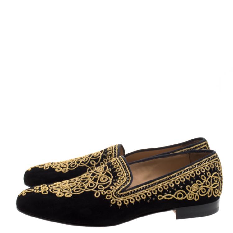 Pre Owned Christian Louboutin Black Cord Embroidered Suede Mamounia Smoking Slippers Size 44.5