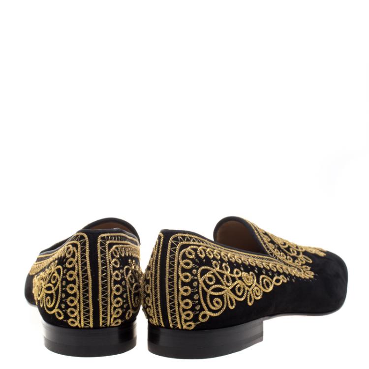 Pre Owned Christian Louboutin Black Cord Embroidered Suede Mamounia Smoking Slippers Size 44.5