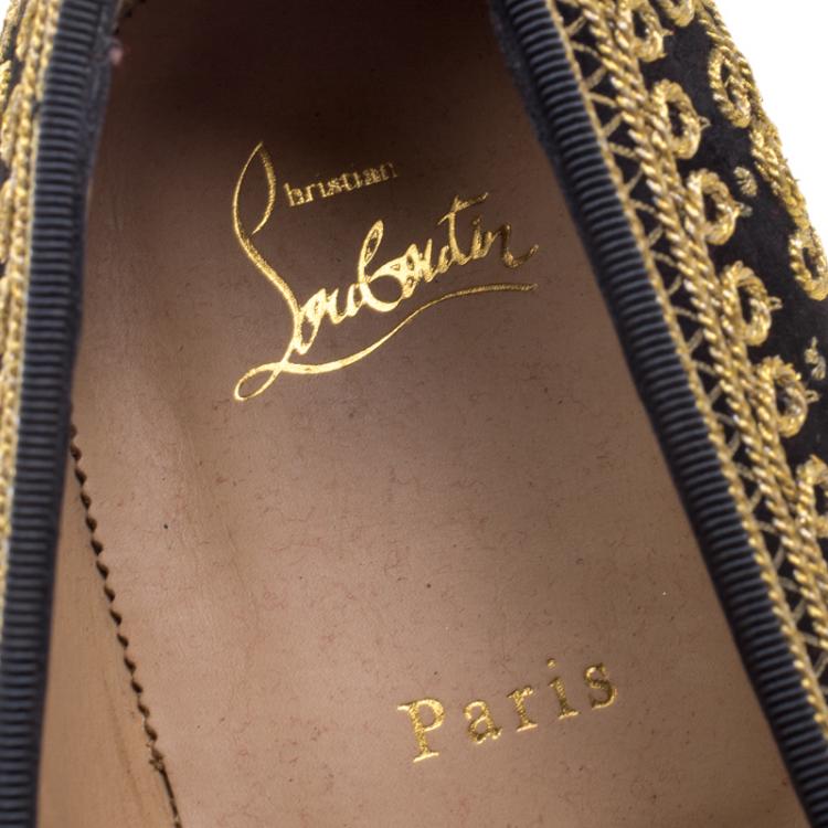 Pre Owned Christian Louboutin Black Cord Embroidered Suede Mamounia Smoking Slippers Size 44.5