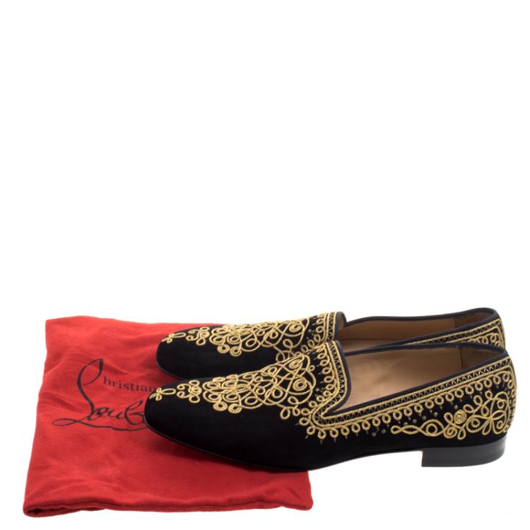 Pre Owned Christian Louboutin Black Cord Embroidered Suede Mamounia Smoking Slippers Size 44.5