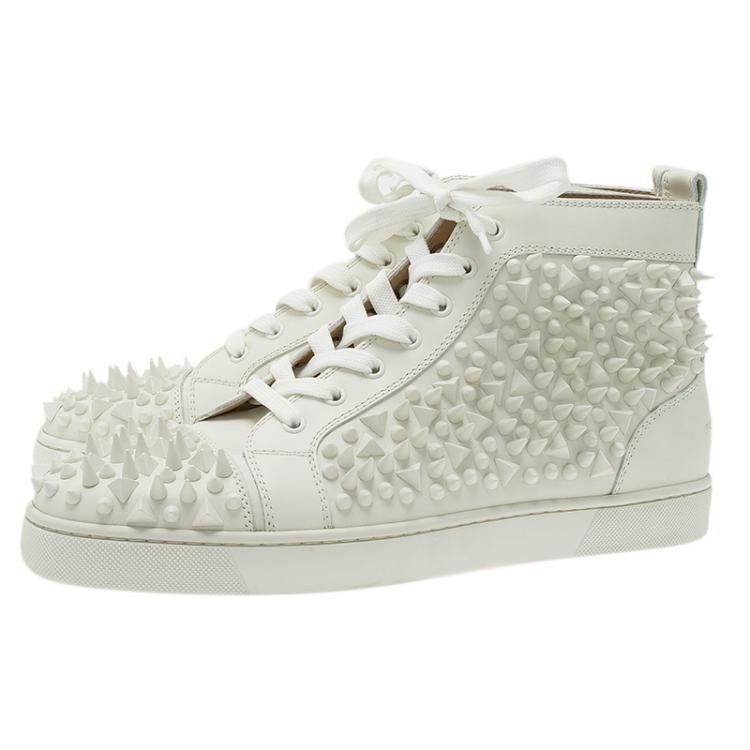Pre Owned Christian Louboutin White Leather Louis Spikes Lace Up High Top Sneakers Size 43.5