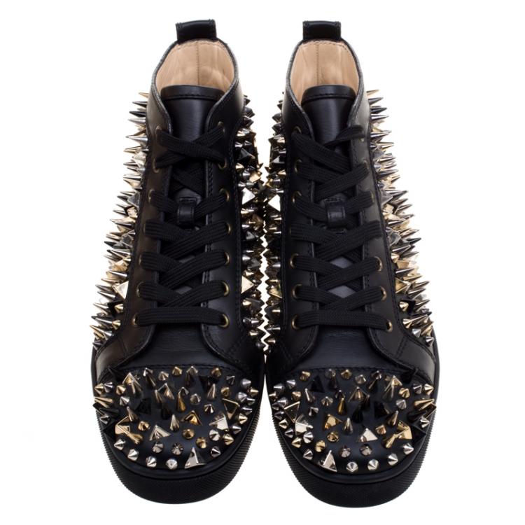 Pre Owned Christian Louboutin Black Leather Louis Spikes Lace Up High Top Sneakers Size 41