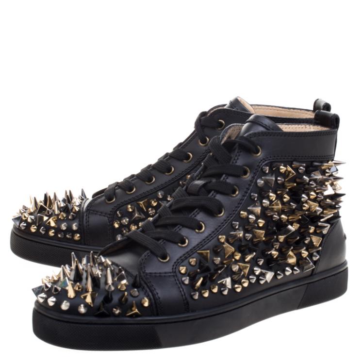 Pre Owned Christian Louboutin Black Leather Louis Spikes Lace Up High Top Sneakers Size 41