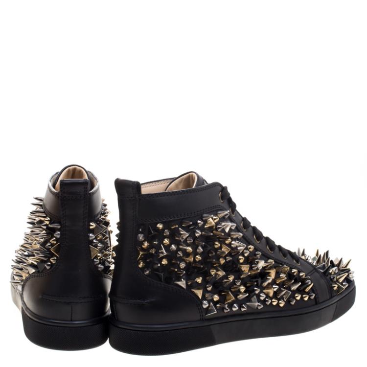 Pre Owned Christian Louboutin Black Leather Louis Spikes Lace Up High Top Sneakers Size 41