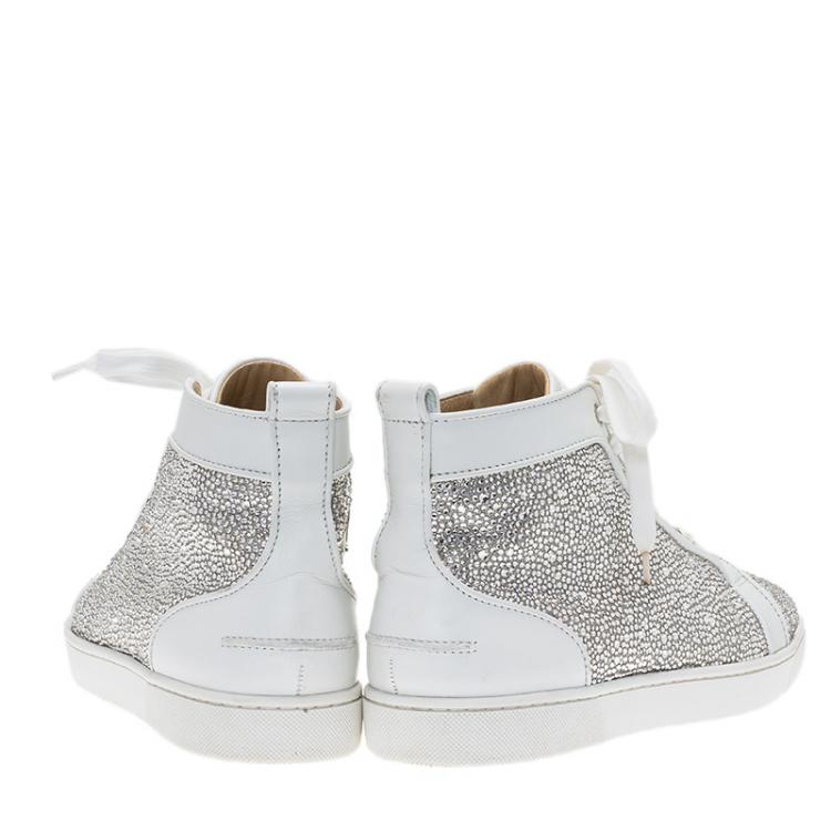 Pre Owned Christian Louboutin White Strass Leather Louis High Top Sneakers Size 43